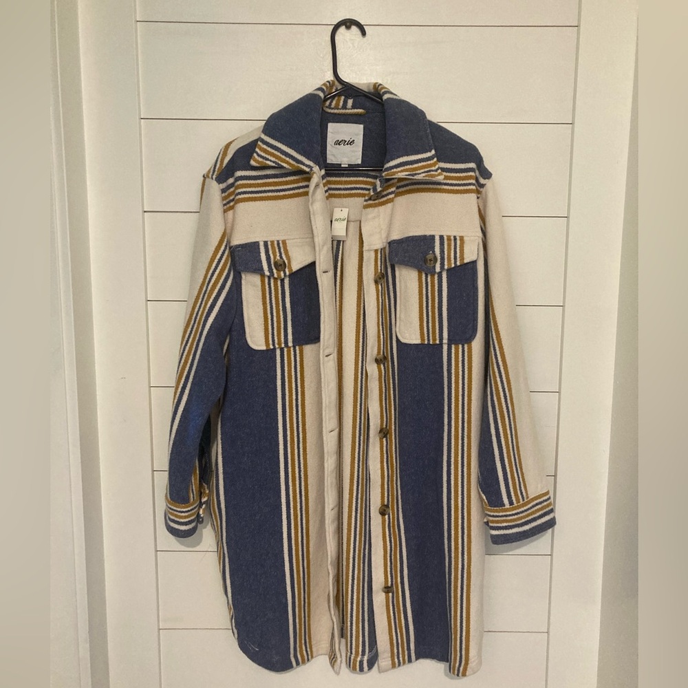 Aerie Small Shacket Jacket 100% Cotton Blue Yellow Cream Striped Unlined Jacket